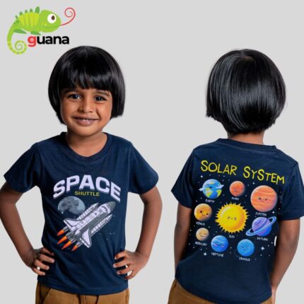 Solar System - Unisex Back Printed Kids T Shirt - Navy Blue