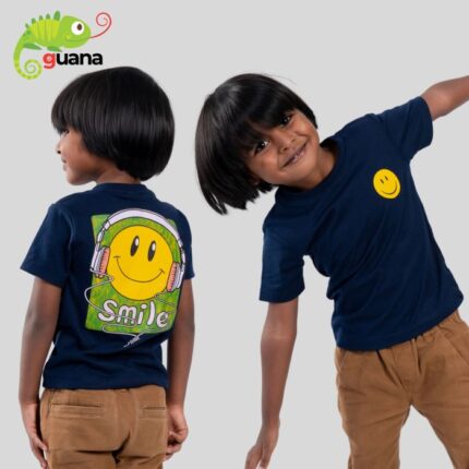 Happy Smile - Unisex Back Printed Kids T Shirt - Navy Blue